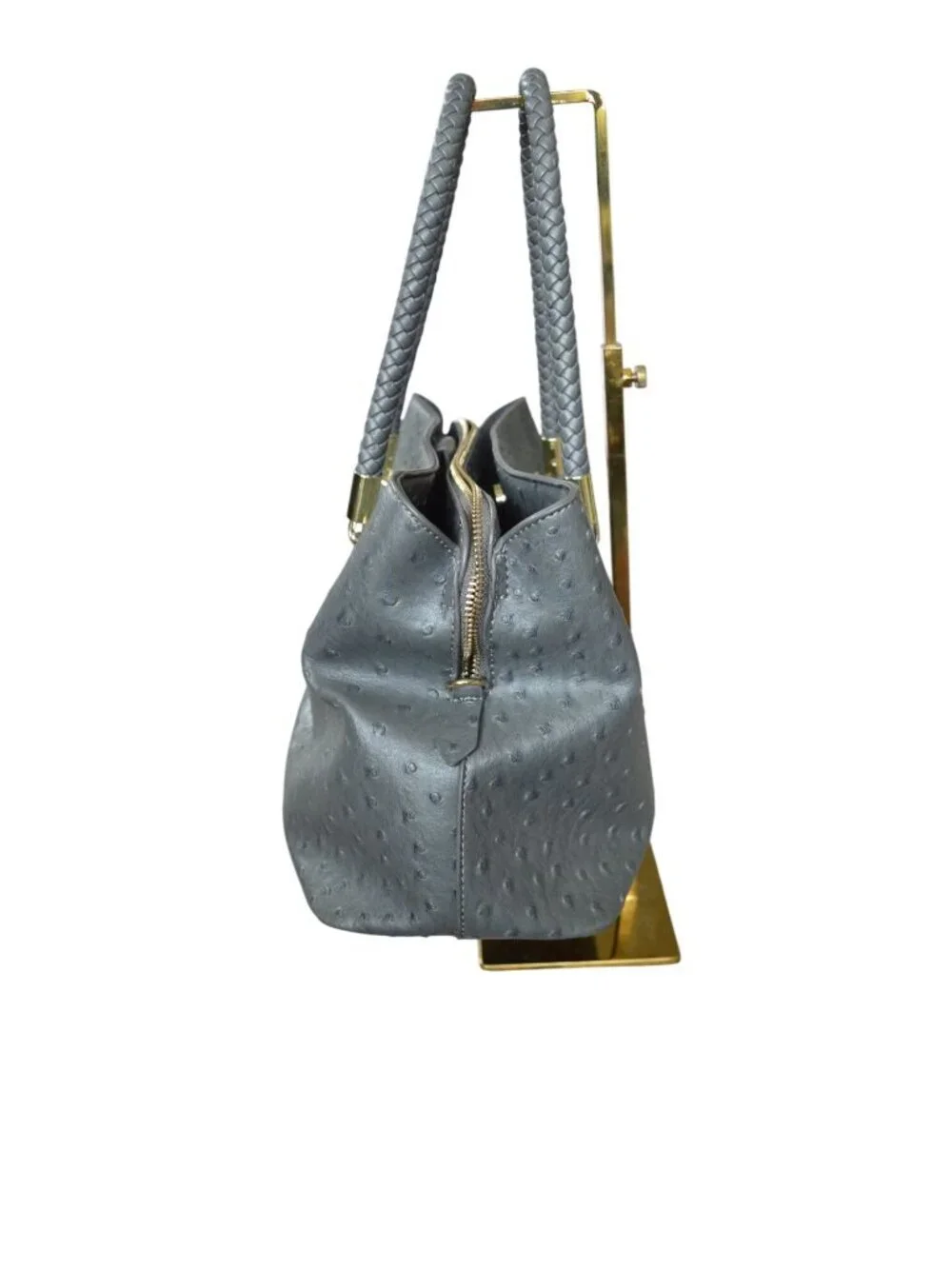 Bebe Jackie Ostrich Grey Satchel Bag Purse Braided Handles Crossbody Strap Gold